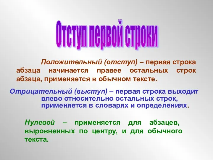 Отступ первой строки Положительный (отступ) – первая строка абзаца начинается правее остальных