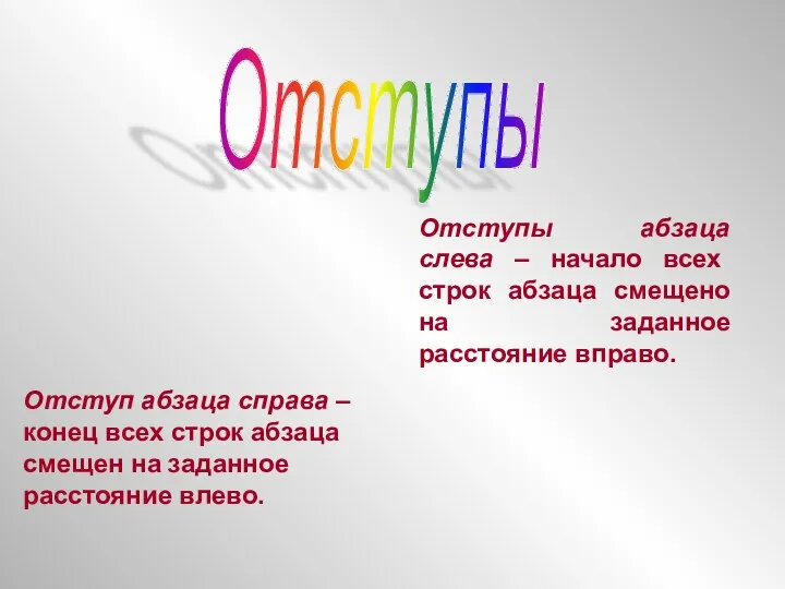 Отступы Отступы абзаца слева – начало всех строк абзаца смещено на заданное