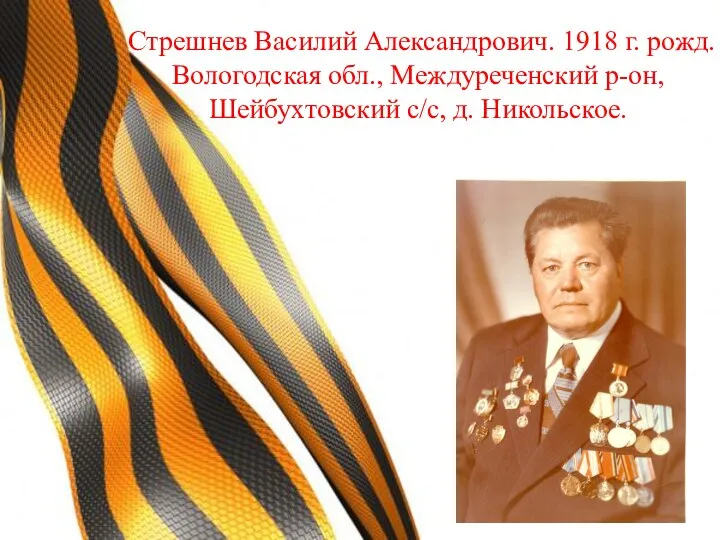 Стрешнев Василий Александрович. 1918 г. рожд. Вологодская обл., Междуреченский р-он, Шейбухтовский с/с, д. Никольское.