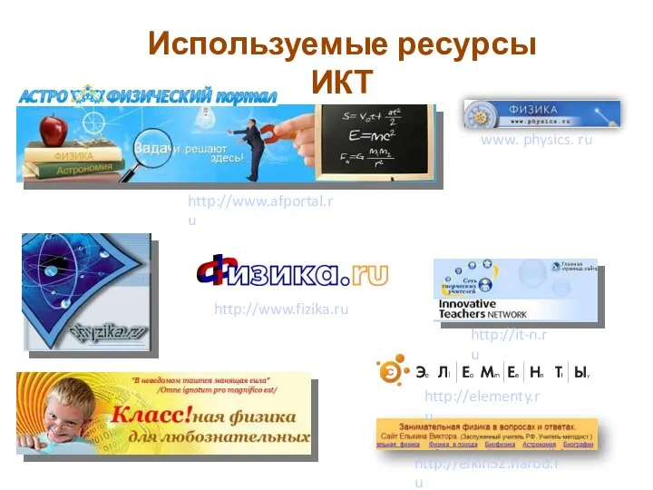 http://elkin52.narod.ru http://www.afportal.ru http://www.fizika.ru http://elementy.ru http://it-n.ru www. physics. ru Используемые ресурсы ИКТ