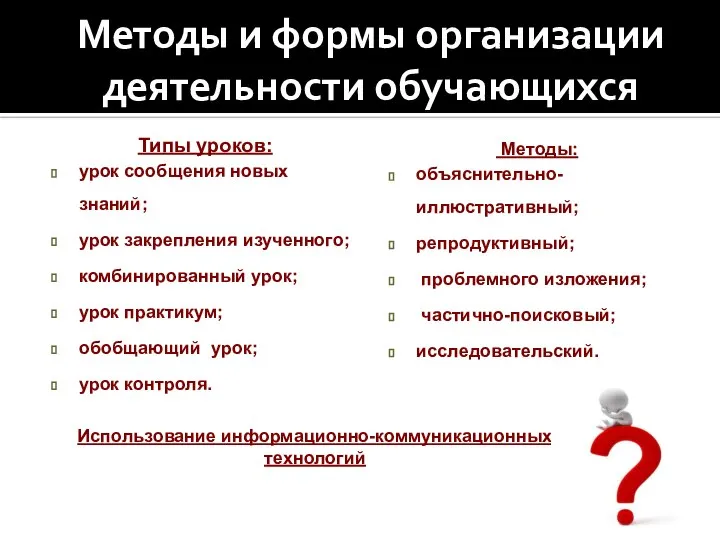 Методы и формы организации деятельности обучающихся Типы уроков: урок сообщения новых знаний;