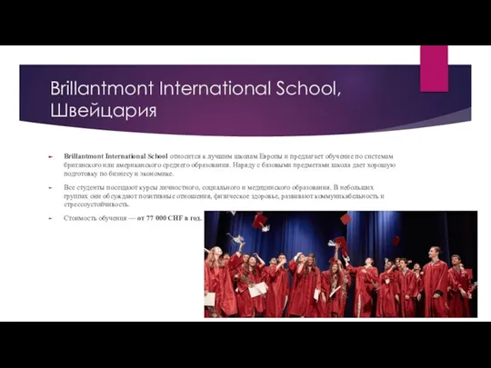 Brillantmont International School, Швейцария Brillantmont International School относится к лучшим школам Европы
