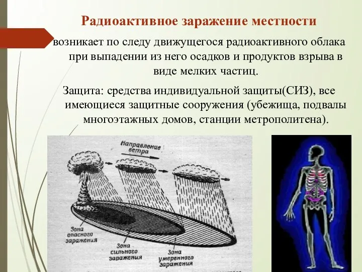 Радиоактивное заражение местности возникает по следу движущегося радиоактивного облака при выпадении из