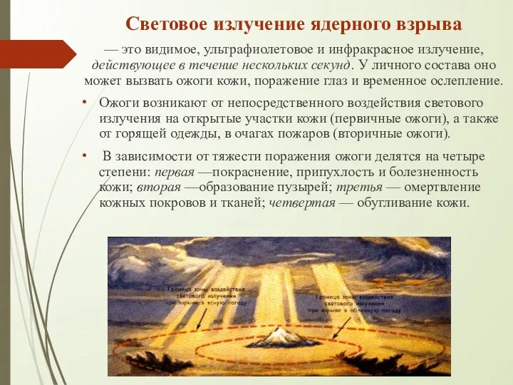 Световое излучение ядерного взрыва — это видимое, ультрафиолетовое и инфракрасное излучение, действующее