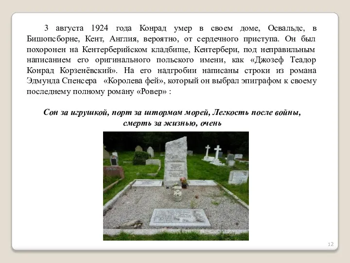 3 августа 1924 года Конрад умер в своем доме, Освальдс, в Бишопсборне,