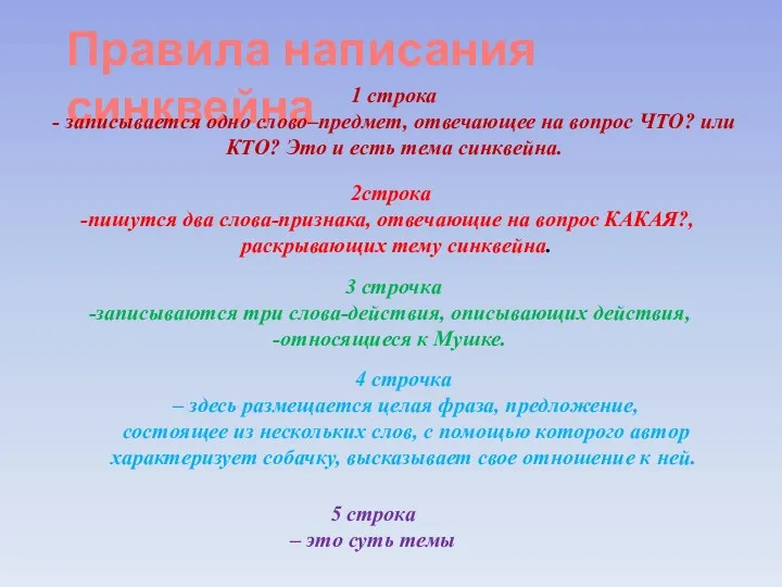 Правила написания синквейна 1 строка - записывается одно слово–предмет, отвечающее на вопрос