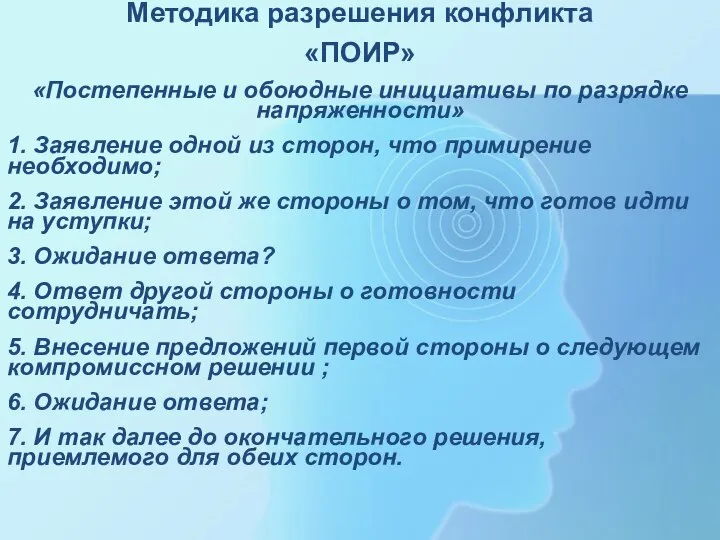 Методика разрешения конфликта «ПОИР» «Постепенные и обоюдные инициативы по разрядке напряженности» 1.