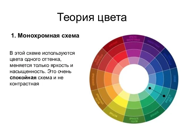 Теория цвета 1. Монохромная схема В этой схеме используются цвета одного оттенка,