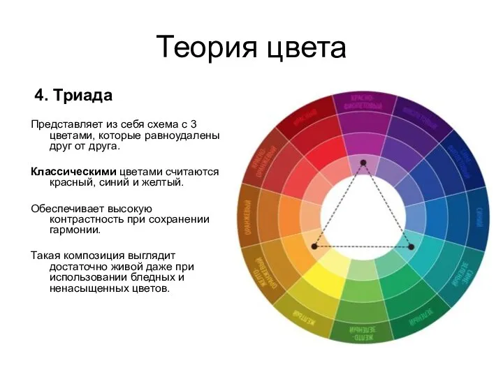 Теория цвета 4. Триада Представляет из себя схема с 3 цветами, которые