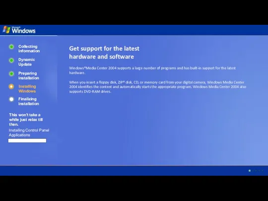 Collecting information Dynamic Update Preparing installation Installing Windows Finalizing installation This won't