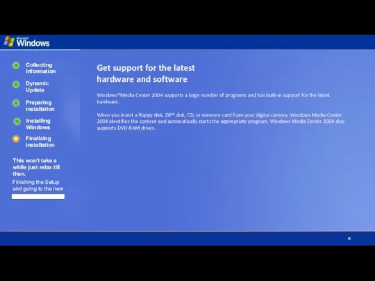 Collecting information Dynamic Update Preparing installation Installing Windows Finalizing installation This won't