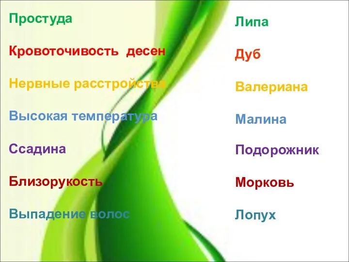 Простуда Кровоточивость десен Нервные расстройства Высокая температура Ссадина Близорукость Выпадение волос Липа