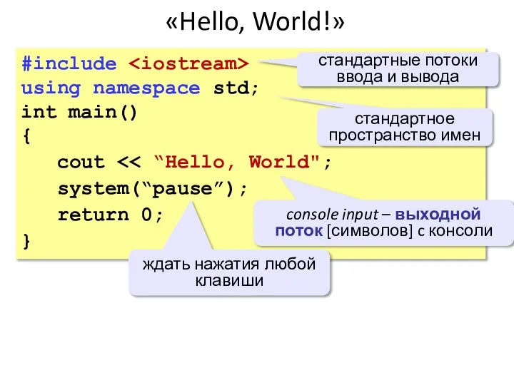 «Hello, World!» #include using namespace std; int main() { cout system(“pause”); return