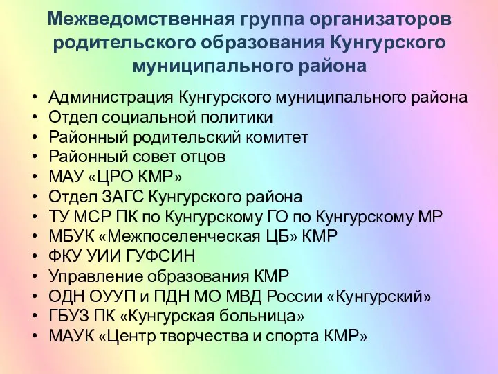 Межведомственная группа организаторов родительского образования Кунгурского муниципального района Администрация Кунгурского муниципального района