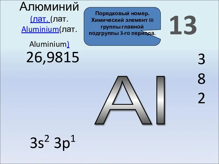 Al 13 Алюминий (лат. (лат. Aluminium(лат. Aluminium) 3 8 2 26,9815 3s2