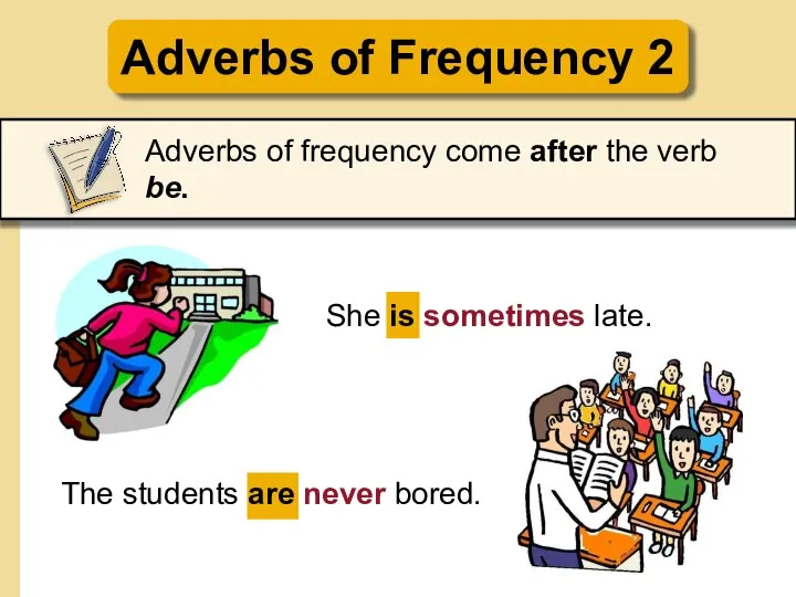 She is sometimes late. Adverbs of Frequency 2 Adverbs of frequency come