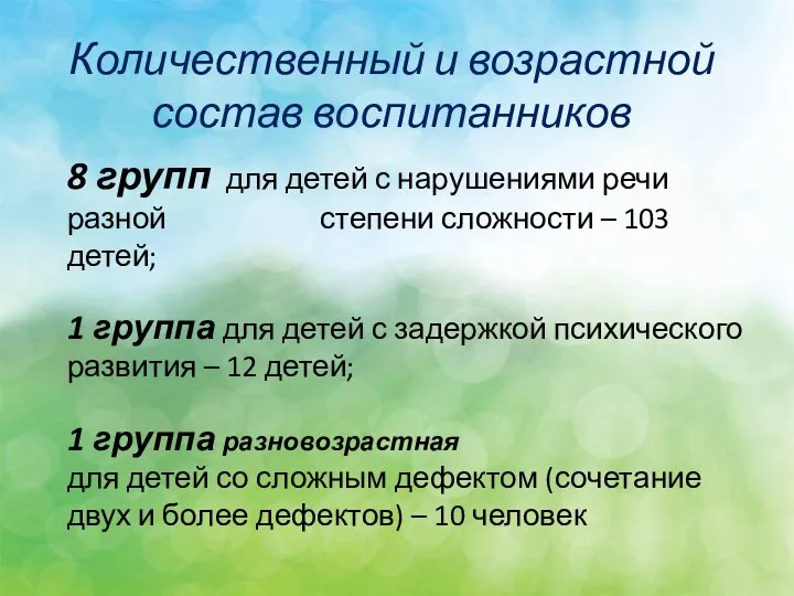 Количественный и возрастной состав воспитанников 8 групп для детей с нарушениями речи