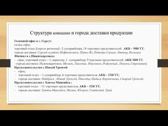 Структура компании и города доставки продукции Головной офис в г. Сургут склад,