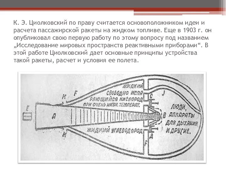 К. Э. Циолковский по праву считается основоположником идеи и расчета пассажирской ракеты