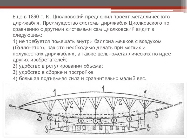 Еще в 1890 г. К. Циолковский предложил проект металлического дирижабля. Преимущество системы