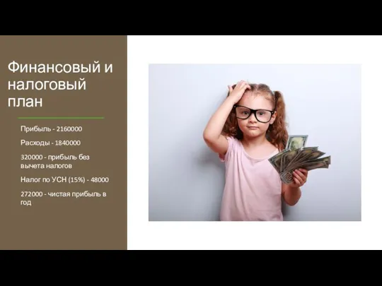 Финансовый и налоговый план Прибыль - 2160000 Расходы - 1840000 320000 -