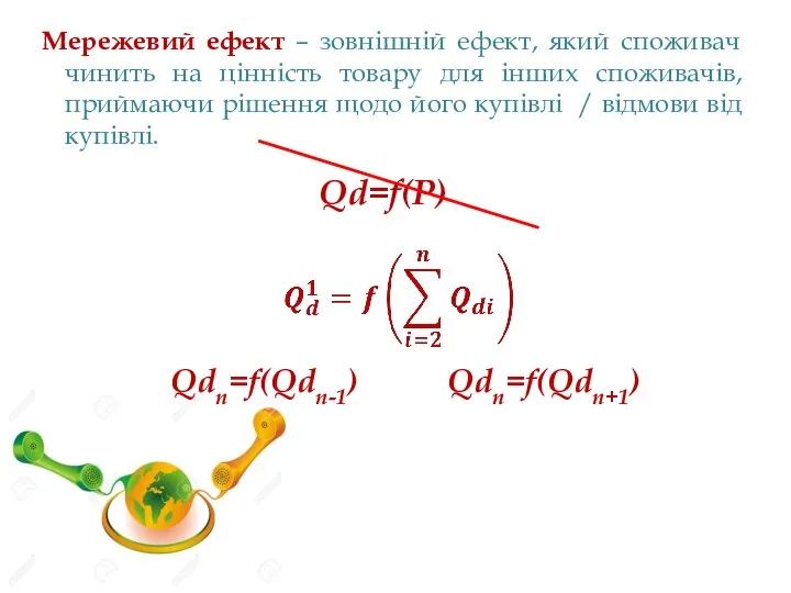 Мережевий ефект – зовнішній ефект, який споживач чинить на цінність товару для