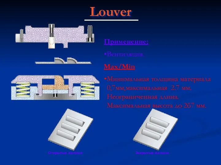 Louver Применение: Вентиляция. Max/Min Минимальная толщина материала 0,7мм,максимальная 2.7 мм. Неограниченная длина.