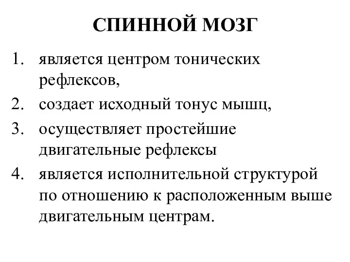 СПИННОЙ МОЗГ является центром тонических рефлексов, создает исходный тонус мышц, осуществляет простейшие