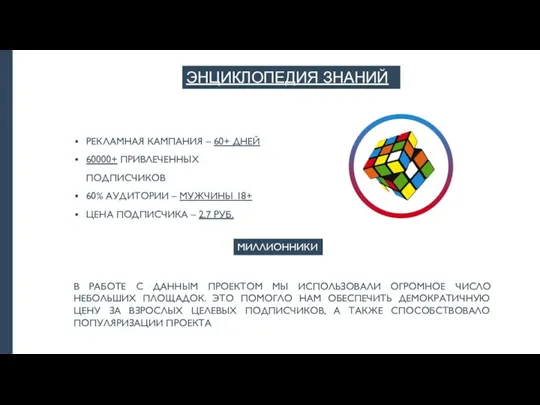 ЭНЦИКЛОПЕДИЯ ЗНАНИЙ МИЛЛИОННИКИ РЕКЛАМНАЯ КАМПАНИЯ – 60+ ДНЕЙ 60000+ ПРИВЛЕЧЕННЫХ ПОДПИСЧИКОВ 60%