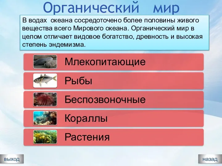 . выход назад Органический мир В водах океана сосредоточено более половины живого