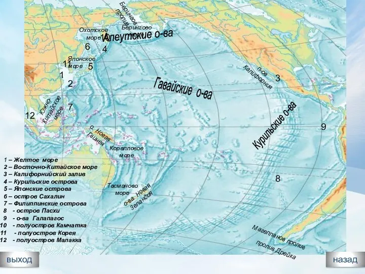 выход назад Берингово море Охотское море Японское море Южно-Китайское море 1 2