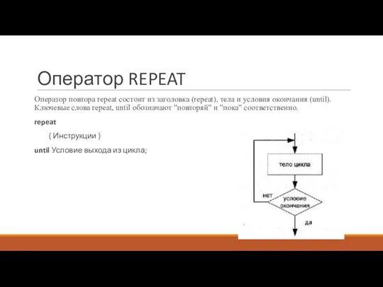 Оператор REPEAT Оператор повтора repeat состоит из заголовка (repeat), тела и условия