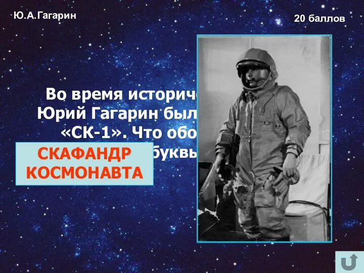 Ю.А.Гагарин 20 баллов Во время исторического полёта Юрий Гагарин был одет в