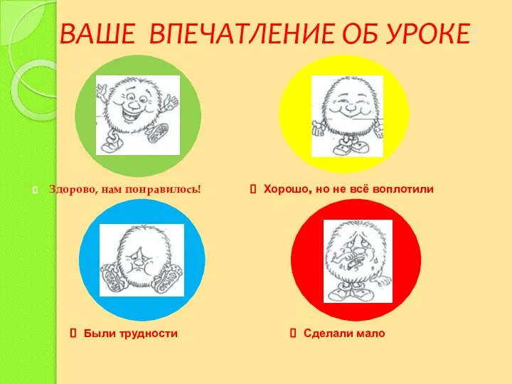 Здорово, нам понравилось! ВАШЕ ВПЕЧАТЛЕНИЕ ОБ УРОКЕ: Хорошо, но не всё воплотили Были трудности Сделали мало