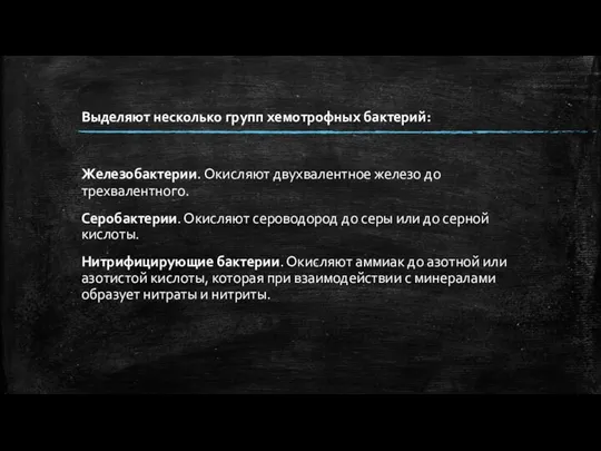 Выделяют несколько групп хемотрофных бактерий: Железобактерии. Окисляют двухвалентное железо до трехвалентного. Серобактерии.