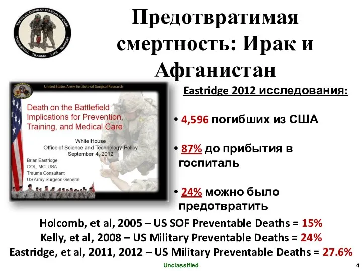 Предотвратимая смертность: Ирак и Афганистан Eastridge 2012 исследования: 4,596 погибших из США