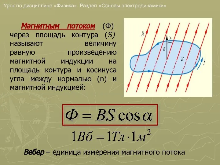 Магнитным потоком (Φ) через площадь контура (S) называют величину равную произведению магнитной