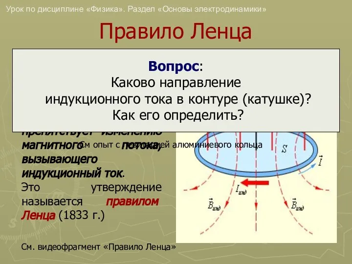 Правило Ленца Опыт показывает, что индукционный ток всегда направлен так, что создаваемое