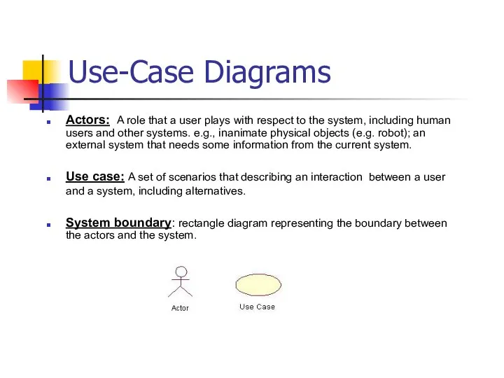 Use-Case Diagrams Actors: A role that a user plays with respect to