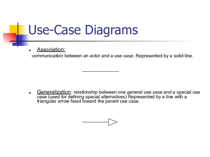 Use-Case Diagrams Association: communication between an actor and a use case; Represented