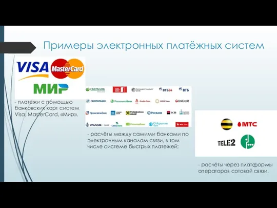 Примеры электронных платёжных систем - платежи с помощью банковских карт систем Visa,