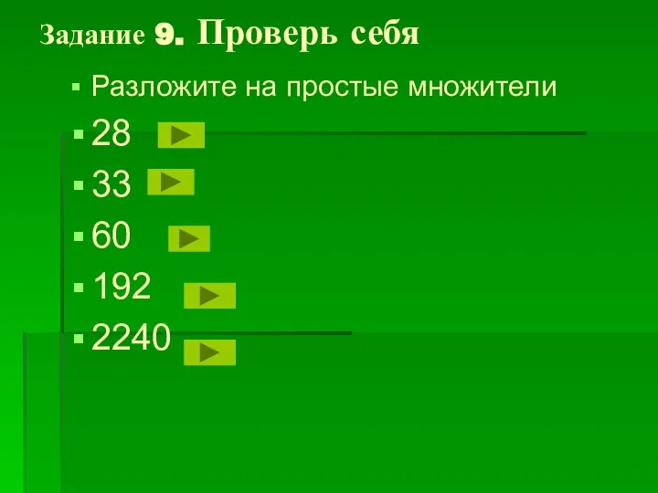 Задание 9. Проверь себя Разложите на простые множители 28 33 60 192 2240