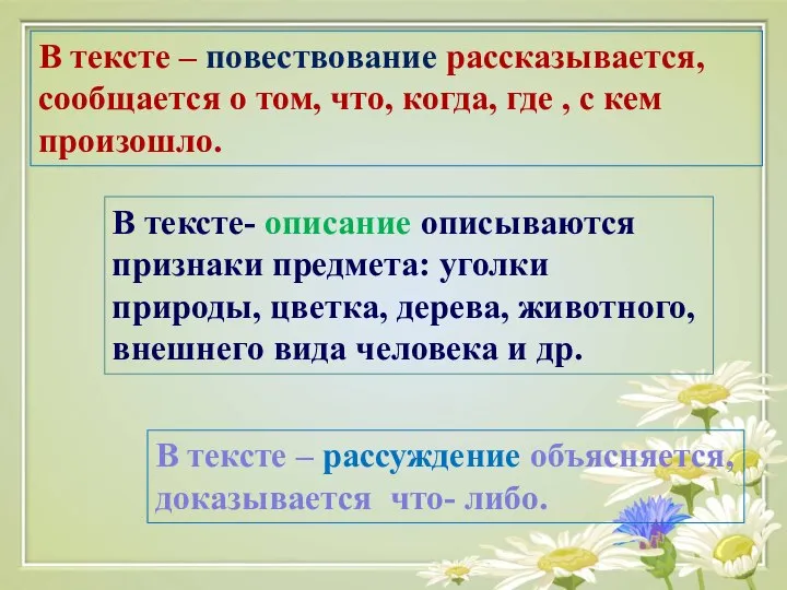 В тексте – повествование рассказывается, сообщается о том, что, когда, где ,