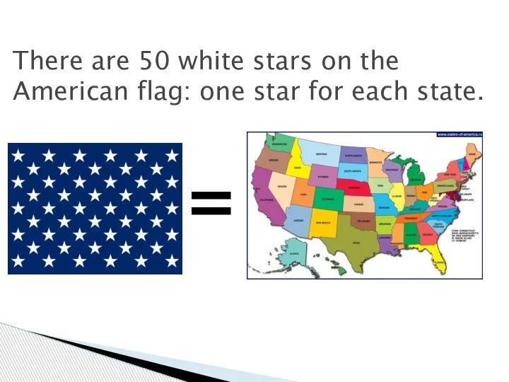 There are 50 white stars on the American flag: one star for each state. =
