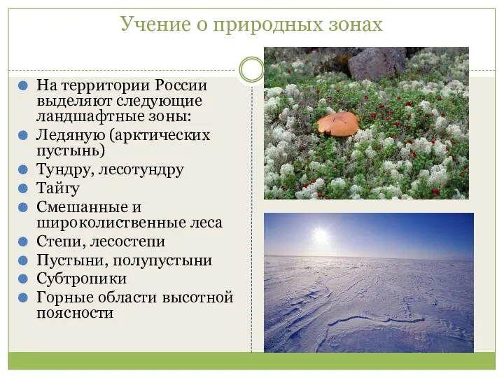 Учение о природных зонах На территории России выделяют следующие ландшафтные зоны: Ледяную
