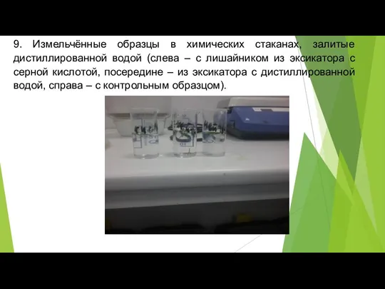 9. Измельчённые образцы в химических стаканах, залитые дистиллированной водой (слева – с