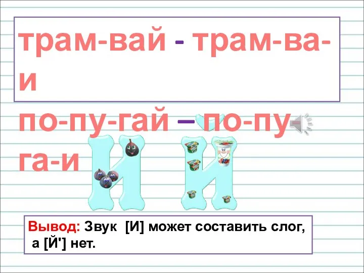 трам-вай - трам-ва-и по-пу-гай – по-пу-га-и Вывод: Звук [И] может составить слог, а [Й'] нет.