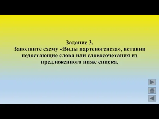 Задание 3. Заполните схему «Виды партеногенеза», вставив недостающие слова или словосочетания из предложенного ниже списка.