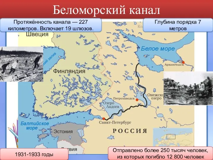 Беломорский канал 1931-1933 годы Отправлено более 250 тысяч человек, из которых погибло