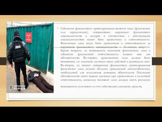 Субъектом финансового правонарушения является лицо (физическое или юридическое), совершившее нарушение финансового законодательства